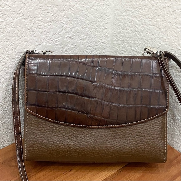 Vintage BRIGHTON Brown Olive Croc Embossed Leather Multifunction Crossbody Bag - Picture 5 of 16
